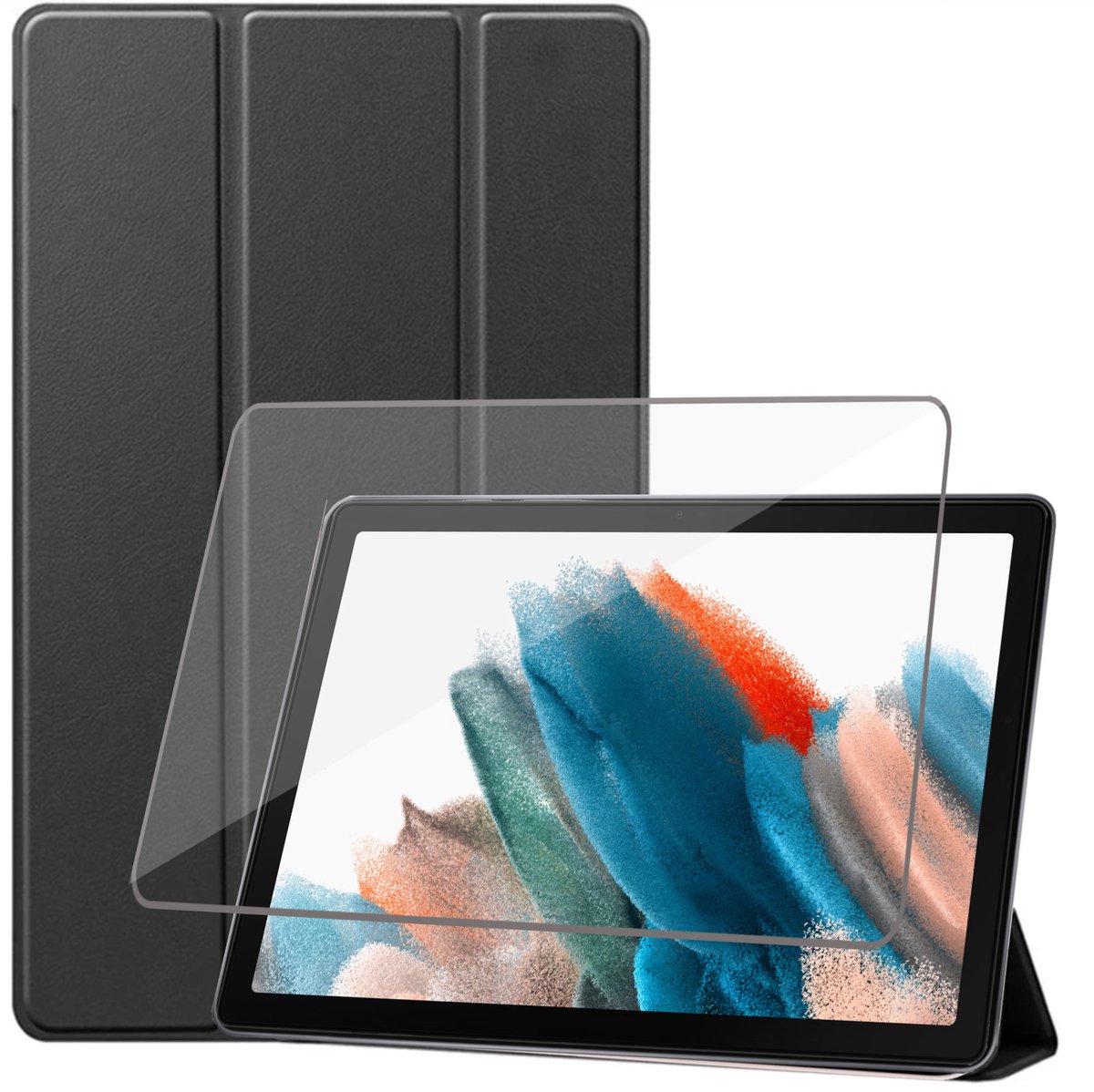 Geschikt voor Samsung Galaxy Tab A8 Hoes + Screenprotector - Gehard Glas - Magnetische Flip Hoesje - Book Case Zwart