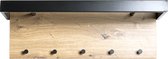 WandKapstok - Zwart stalen stang - Houten achterplank - Stang - 5 Haaks - 70 x 30 x 26 cm