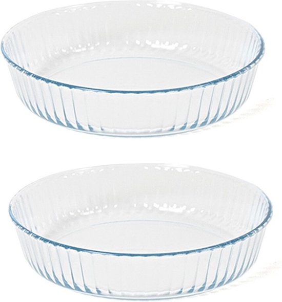 Set van 2x stuks glazen ovenschalen/bakvormen rond 26 cm 2 liter - Hartige taart - Ovenschotel oven serveerschalen van glas