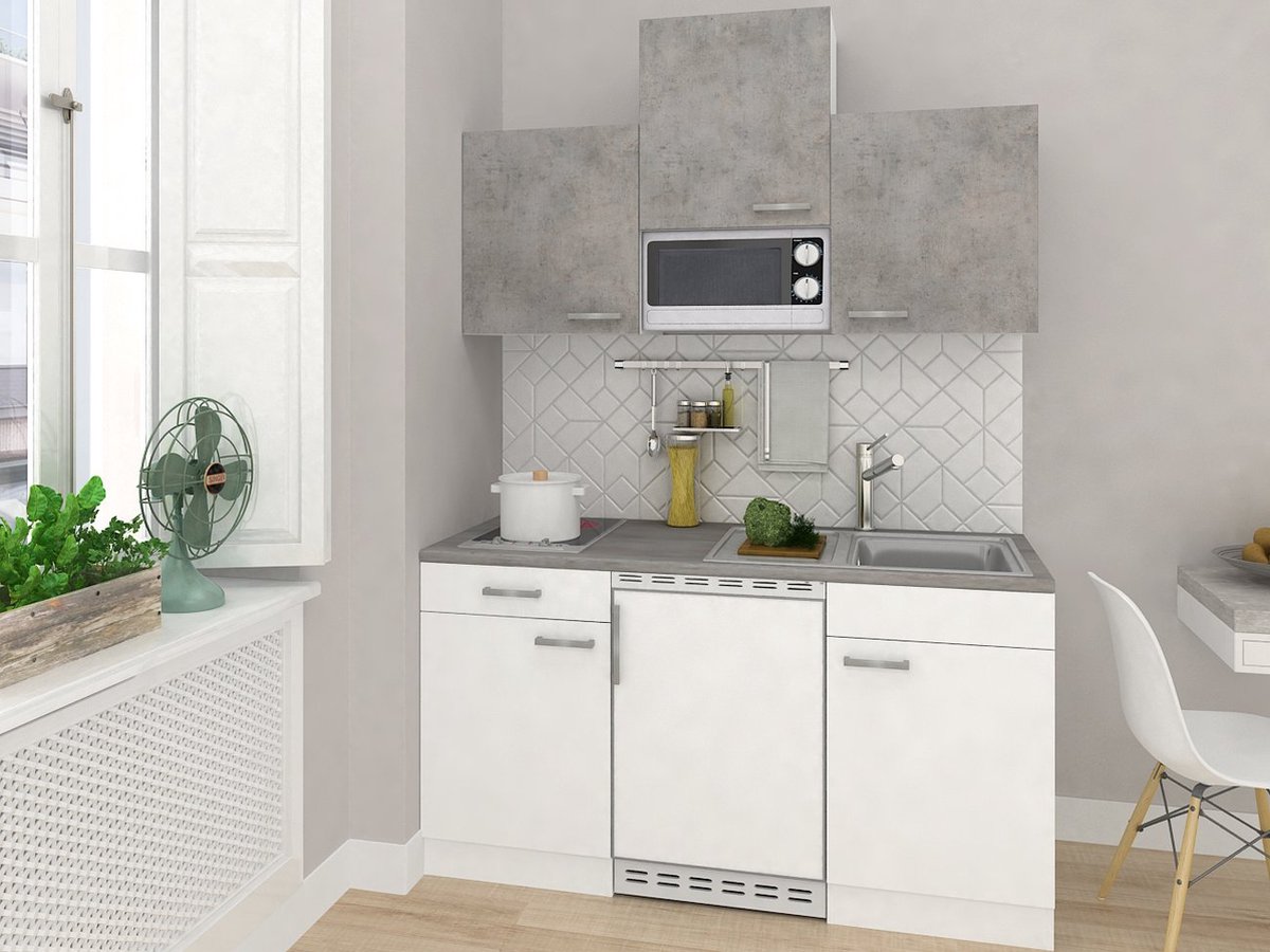 Respekta® Keukenblok 150 cm complete kleine keuken met apparatuur Beton Betonlook keuken Malia keramische kookplaat koelkast magnetron mini keuken compacte keuken keukenblok met apparatuur