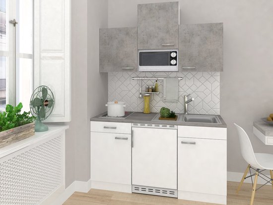 Foto: Goedkope keuken 150 cm complete kleine keuken met apparatuur malia wit beton keramische kookplaat koelkast magnetron mini keuken compacte keuken keukenblok met apparatuur