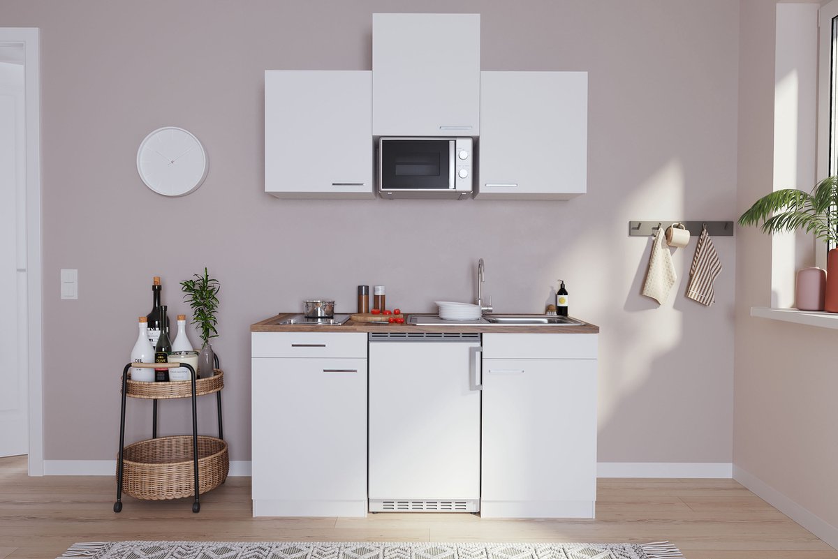 Goedkope keuken 150 cm - complete kleine keuken met apparatuur Luis - Wit/Wit - keramische kookplaat - koelkast - magnetron - mini keuken - compacte keuken - keukenblok met apparatuur
