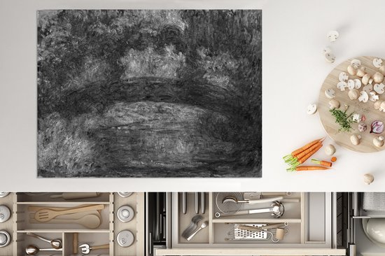 KitchenYeah® Inductie beschermer 77x59 cm - The Japanese Bridge at Giverny - schilderij van Claude Monet in zwart/wit. - Kookplaataccessoires - Afdekplaat voor kookplaat - Inductiebeschermer - Inductiemat - Inductieplaat mat