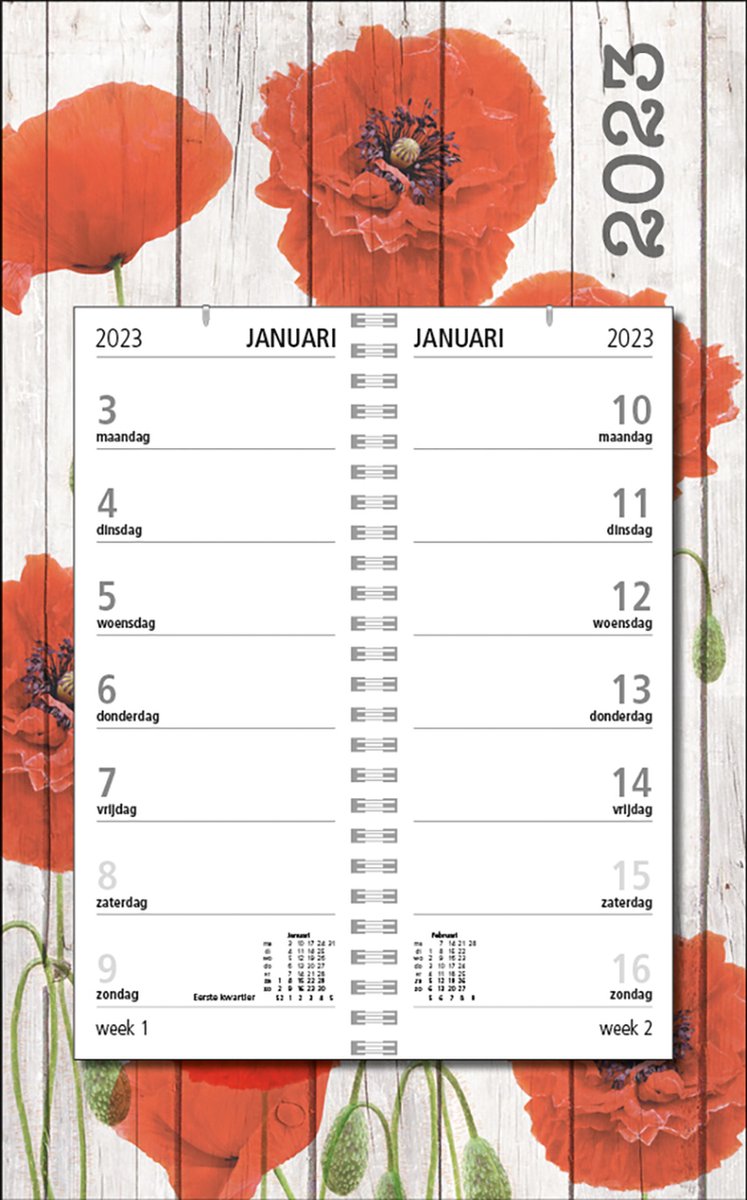 MGPcards - Omleg-weekkalender 2023 - Week begint op Maandag - Bloemen - Rood