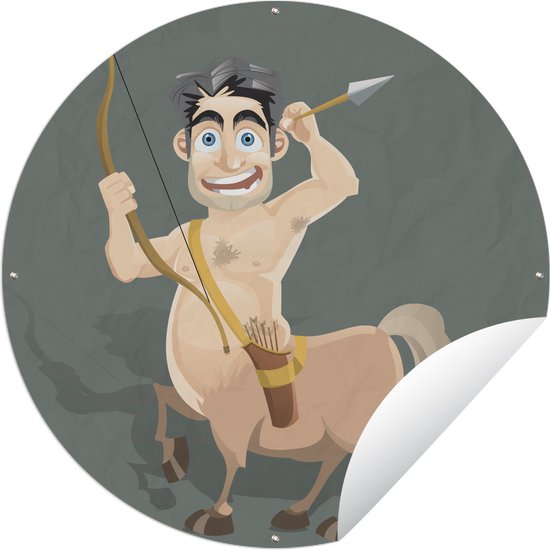Tuincirkel Een cartoonillustratie van een centaur met een pijl en boog - 120x120 cm - Ronde Tuinposter - Buiten XXL / Groot formaat!