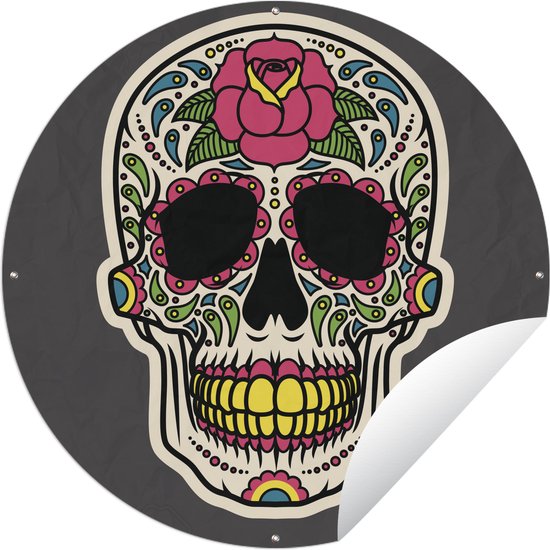 Tuincirkel Een kleurrijke illustratie van een Dias De Los Muertos schedel - 90x90 cm - Ronde Tuinposter - Buiten