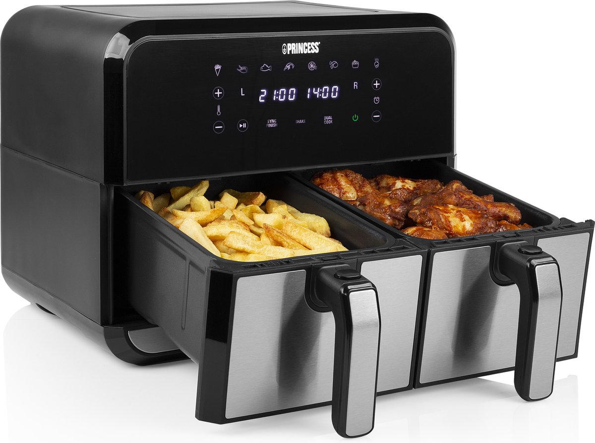 Princess Double Basket Airfryer 182074 - Dubbele Airfryer - 9 liter - 2 manden - XL - 8 programma's- 2400W - Dubbele heteluchtfriteuse - PFAS vrij - Touchscreen - RVS/Zwart - Sync functie
