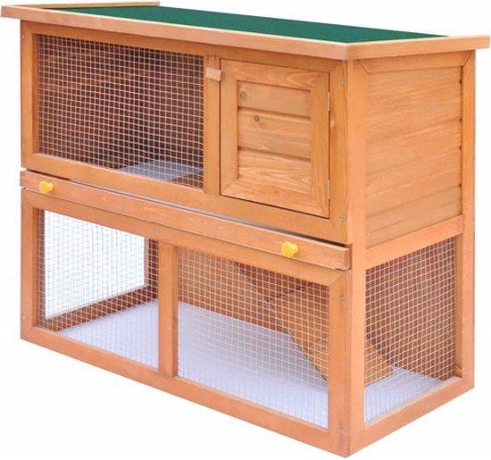 Cage à lapin à deux étages en bois, toit vert, treillis et boutons jaunes.