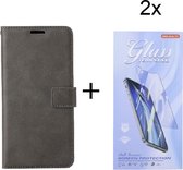 Bookcase Geschikt voor: Motorola Moto G51 5G - Grijs - portemonnee hoesje met 2 stuk Glas Screen protector