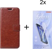 Bookcase Geschikt voor: Motorola Moto G51 5G - Bruin - portemonnee hoesje met 2 stuk Glas Screen protector