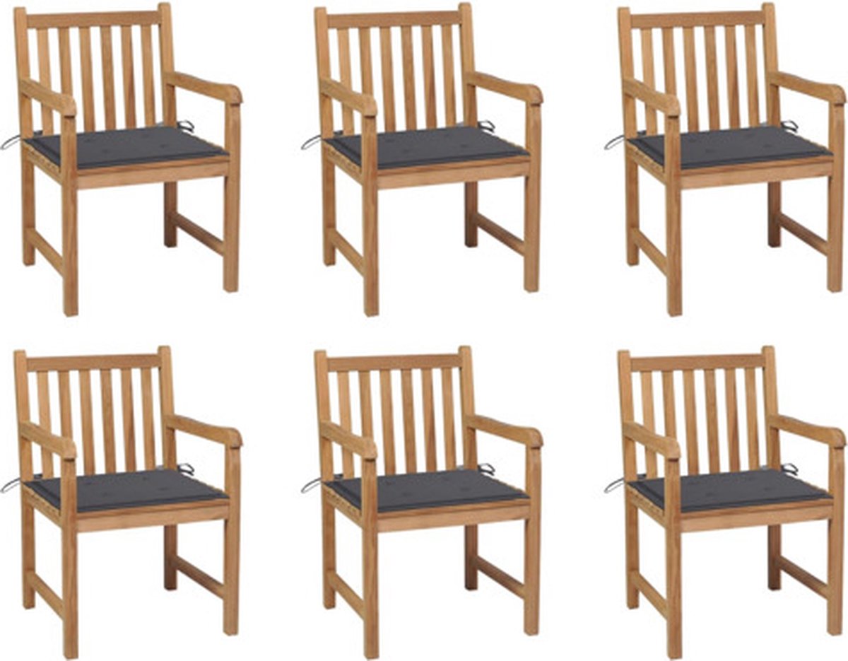 vidaXL - Tuinstoelen - 6 - st - met - antracietkleurige - kussens - massief - teakhout