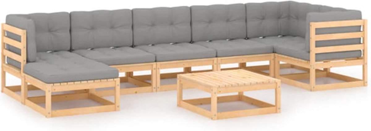 vidaXL 8-delige - Loungeset - met - kussens - massief - grenenhout Naturel