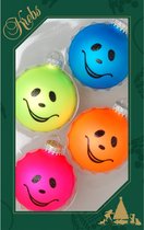 Krebs Kerstballen - 4 stuks - neon smiley - glas - 7 cm