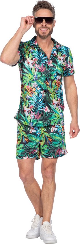 Wilbers & Wilbers - Hawaii & Carribean & Tropisch Kostuum - Hawaii Harrie Op Het Strand - Man - Groen, Zwart - Small - Carnavalskleding - Verkleedkleding