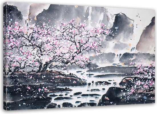 Trend24 - Canvas Schilderij - Japanse Aquarel - Schilderijen - Landschappen - 100x70x2 cm - Zwart