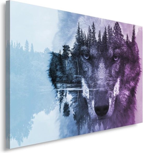 Trend24 - Canvas Schilderij - Wolf Op Een Bosachtergrond - Violet Modern - Schilderijen - Dieren - 100x70x2 cm - Paars
