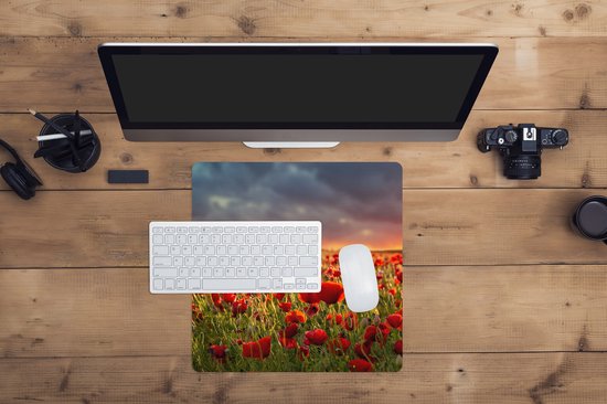 Tapis de souris XXL - Sous-main - Tapis de bureau - Coucher de soleil - Coquelicots - Rouge - Fleurs - Champ - Nature - 40x40 cm - Tapis de souris XXL