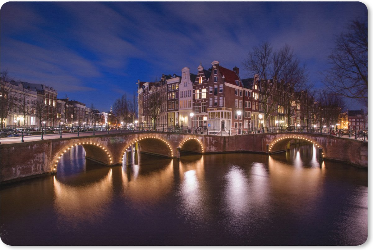 Muismat XXL 90x60 cm - Bureau onderlegger - Bureau mat De Amsterdamse Keizersgracht in de nacht - Bureaumat - Gaming mousepad xl - Bureaulegger groot - Computer deskmat