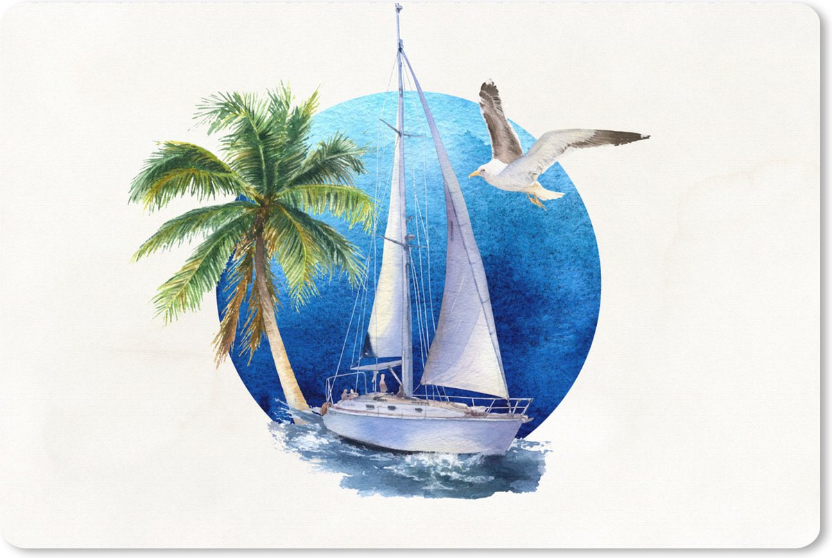 Muismat XXL 90x60 cm - Bureau onderlegger - Bureau mat Zeilboot - Palmboom - Vogel - Zee - Bureaumat - Gaming mousepad xl - Bureaulegger groot - Computer deskmat