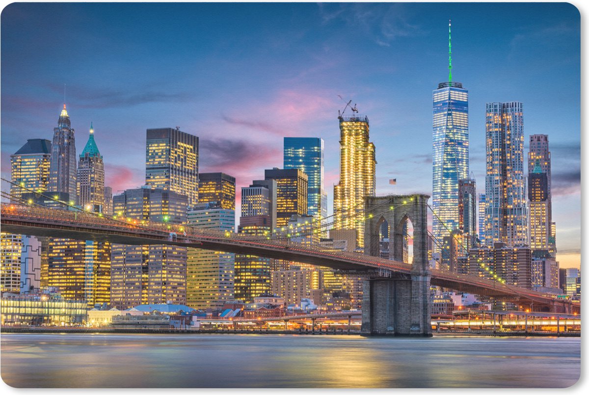Muismat XXL 90x60 cm - Bureau onderlegger - Bureau mat New York - Brooklyn bridge - Nacht - Bureaumat - Gaming mousepad xl - Bureaulegger groot - Computer deskmat