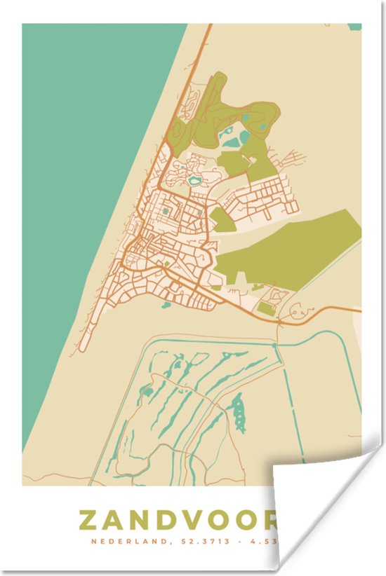Poster Plattegrond Zandvoort Kaart Stadskaart 80x120 cm bol