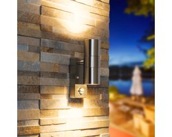 HOFTRONIC Jasmin wandlamp - RVS - 2700K Warm wit - Bewegingsmelder en schemerschakelaar - IP44 spatwaterdicht - Up & Downlight voor buiten