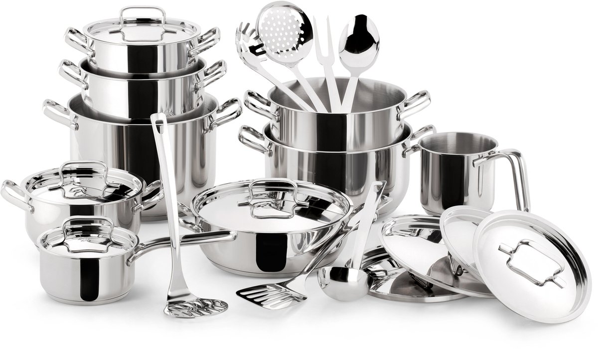 Lagostina 7116001380 Sfisiosa Acciaio 24-delig (hoge kookpan 18/22/24 cm + kookpan 18/22/26 cm + ondiepe pan 24 cm + steelpan 14 cm + melkpot 12 cm + deksels14/18x2/22x2/24x2/26 + 7 accessories)