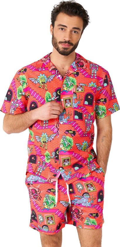 OppoSuits Rick & Morty™ Surreal Heren Zomer Set  - Bevat Shirt En Shorts - Tropische Zwem Kleding - Rood - Maat XL