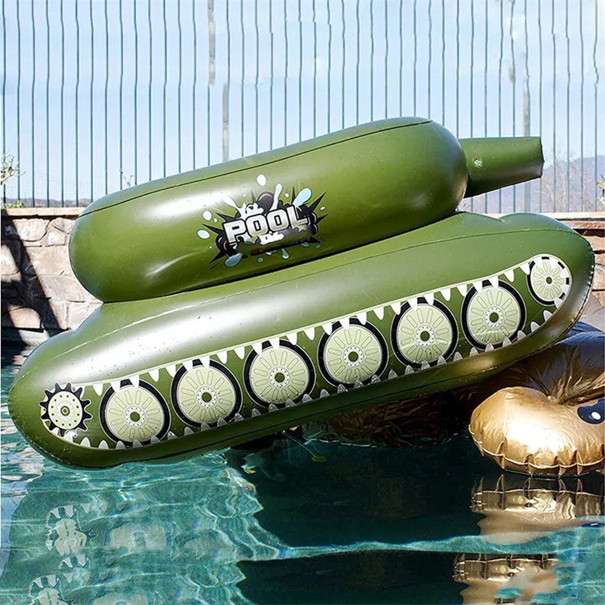 Bouée Gonflable Tank Avec Canon à Eau - Flotteur Piscine Géant Pour Enfants 110 X 85 X 47 Cm - PVC épais, Couleur Vert Armée - Idéal Pour Fêtes Et Jeux D'eau