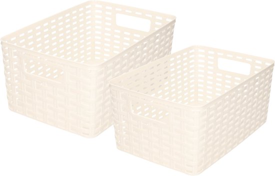 Set de 8 x boîtes de rangement / paniers de rangement rotin plastique blanc nacré avec contenu 6 et 10 litres
