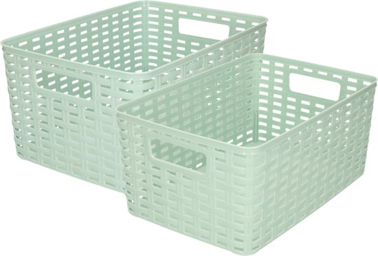 Set de 7 x boîtes de rangement / paniers de rangement en plastique vert menthe en rotin avec contenu 6 et 10 litres