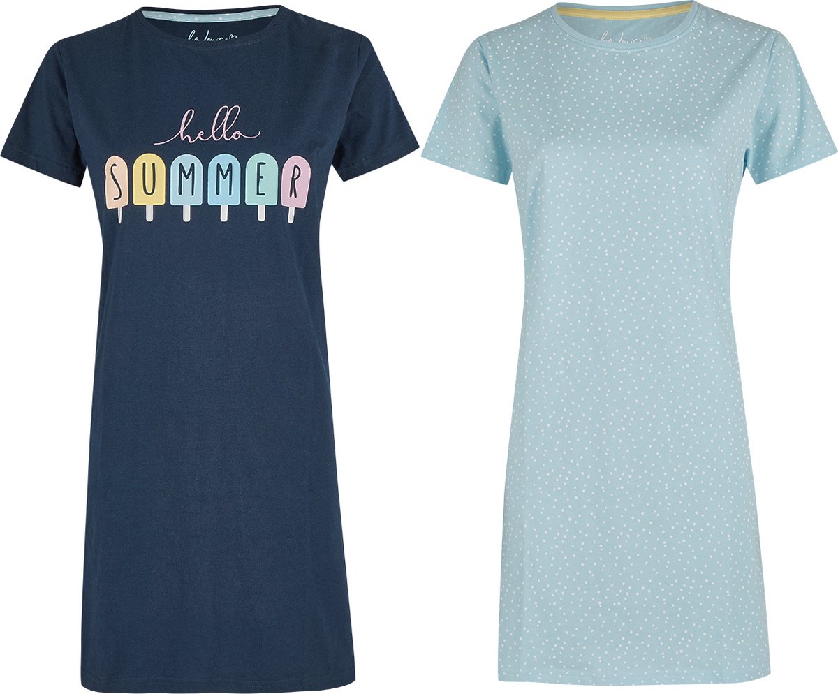 By Louise Nachthemd Dames Set Korte Mouwen Katoen Blauw Hello Summer 2-Pack - Maat M | big shirt | slaaphemd
