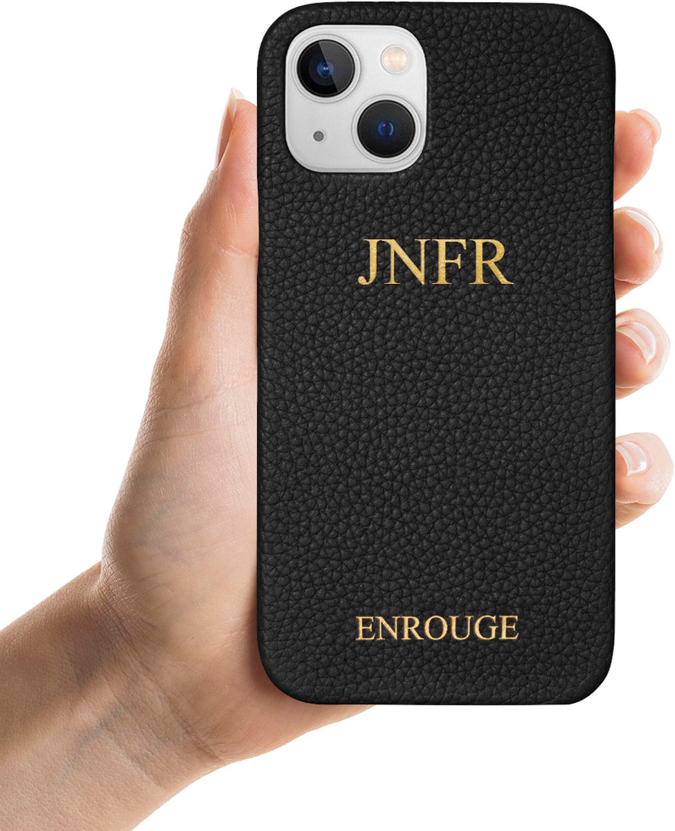 ENROUGE Iphone 13 Pro Case BERRY BLACK | Luxe Hoesje van Echt Leer | Gepersonaliseerd met Naam of Initialen | 100% Leder | Cadeautip Inclusief Geschenkverpakking