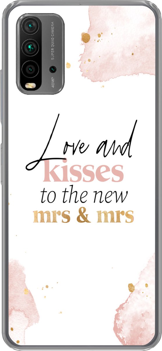 Telefoonhoesje Geschikt voor Xiaomi Geschikt voor Redmi 9T hoesje - Quotes - 'Love and kisses to the new Mrs & Mrs' - Spreuken - Marmer print - Siliconen Telefoonhoesje Telefoonhoesje