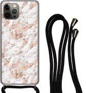 Hoesje met koord Geschikt voor iPhone 12 Pro Max - Rose goud - Patroon - Marmer print - Luxe - Siliconen - Crossbody - Backcover met Koord - Telefoonhoesje met koord - Hoesje met touw
