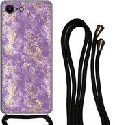 Hoesje met koord Geschikt voor iPhone SE 2020 - Marmer print - Luxe - Paars - Goud - Patronen - Siliconen - Crossbody - Backcover met Koord - Telefoonhoesje met koord - Hoesje met touw