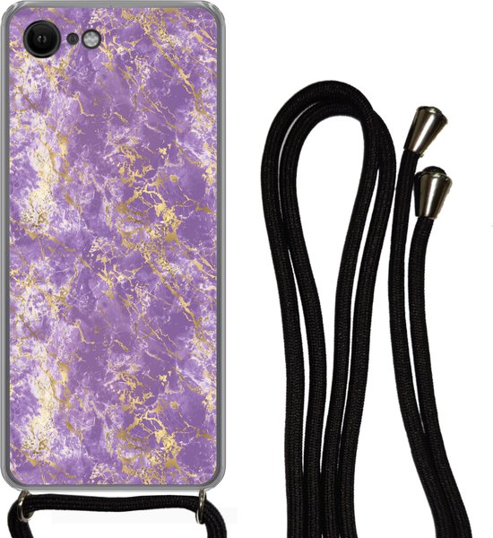 Coque avec cordon Convient pour iPhone SE 2020 - Imprimé marbré - Luxe - Violet - Or - Motifs - Siliconen - Bandoulière - Coque arrière avec cordon - Coque téléphone avec cordon - Coque avec corde