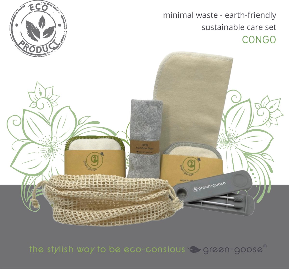 green-goose® Duurzaam Verzorgingspakket Congo | 6-delig | 10 Herbruikbare Wattenschijfjes | Hennepvezel Gezichtreinigingsdoek | Handgemaakt Houtskool Zeepje