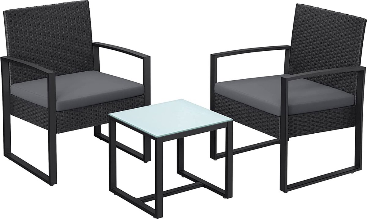 MIRA Home - Tuinset - Tuinmeubel - Set van 3 - Tafel met 2 stoelen - Kunststof - Zwart - 53x57,5x76