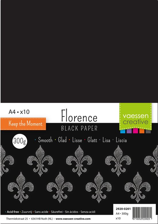 Florence 2920-0201 Fotokarton DIN A4, zwart, 300 g/m², 10 stuks, knutselpapier voor knutselen, scrapbooking, handlettering, doe-het-zelf handwerk