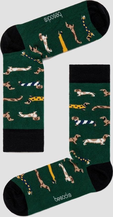 Grappige Sokken Groen Zwart met Teckels in Bio katoen maat 36-40 - Teckels - Zacht - Trendy geschenk - Trendy Cadeau - Verjaardag - Geschenk