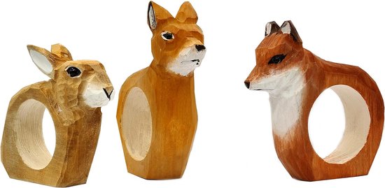 Set van 3 servetringen bosdieren: ree, vos en haas van hout handgesneden en handbeschilderd, ca. 9x7x2 cm - Merkloos