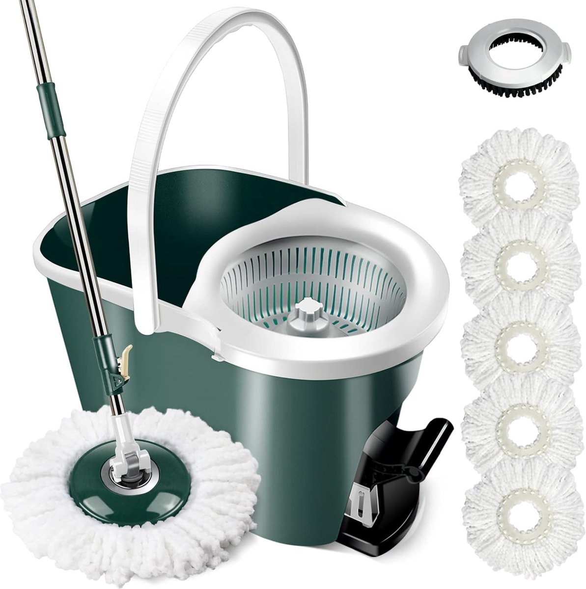 Goedkoopste Vloerwisserset, dweilmop en emmerset met 5 microvezelpads, 123 cm, telescoopsteel, poetsemmer set met voetpedaal voor marmeren vloer, tegellaminaat (donkergroen), zender, 1 borstelkop