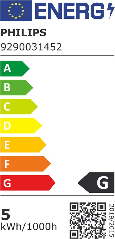 Energie-etiket voor Philips lamp, klasse G, 5 kWh/1000h.