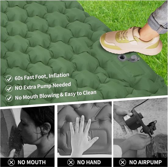 Camping Slaapmat 2 Personen Zelfopblazend Luchtmatras Outdoor Campingmat Slaapmat Opvouwbaar Ultralicht Luchtbed Opblaasbaar Bed Campingmat met Voetpomp voor Strandtent Wandelen Groen van Camp — afbeelding 5