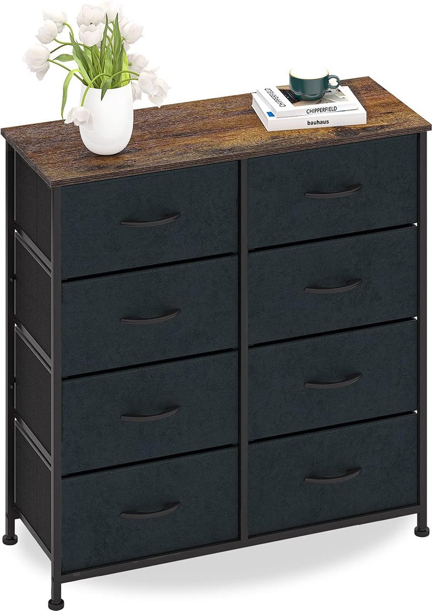 Bol.com Commode met 8 laden, suède, stoffen kast, dressoir, vintage highboard, metaal, multifunctionele kast, organizer, tv-kast... aanbieding