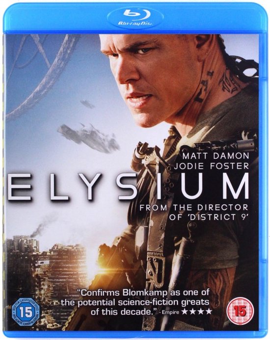 De Blu-ray hoes van Elysium met Matt Damon en Jodie Foster in de hoofdrol.