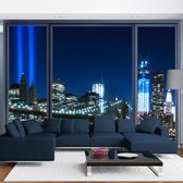 Fotobehangkoning - Behang - Vliesbehang - Fotobehang Uitzicht op de Verlichte Stad door de Ramen 3D - 150 x 105 cm