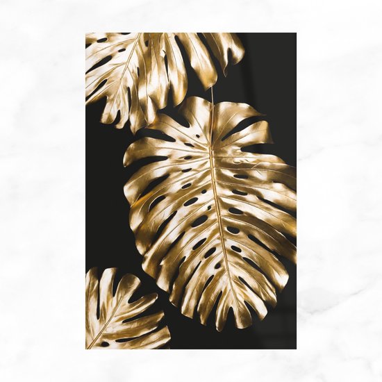 De Muurdecoratie - Glasschilderij - Gouden Bladeren Op Zwarte Achtergrond - Planten - Wanddecoratie Slaapkamer - 100x150 cm - Woonaccessoires