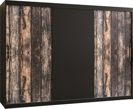 Zweefdeurkast Kledingkast met 3 schuifdeuren Garderobekast slaapkamerkast Kledingstang met planken (LxHxP): 250x200x62 cm - PASTEUR (Zwart + oud houtpatroon, 250) met lades